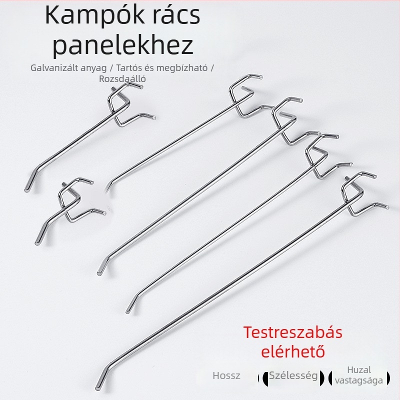 Rozsdamentes acél kampó perforált panelhez, egyrészes dizájn, tároláshoz