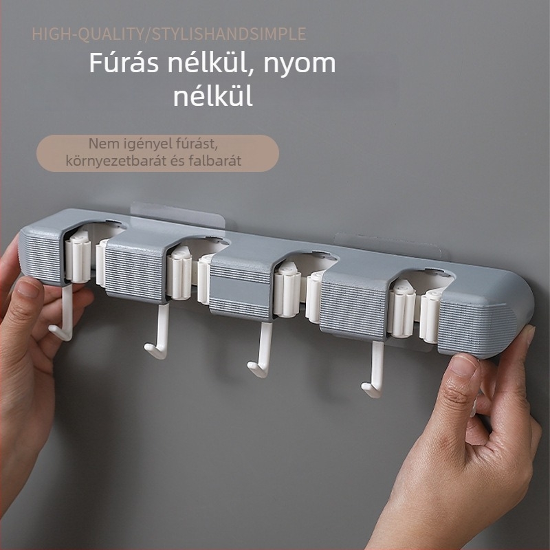 Fali mop tartó, csíptetős akasztókkal, lyukasztás nélküli, többsoros tárolóállvány erkélyre és fürdőszobába