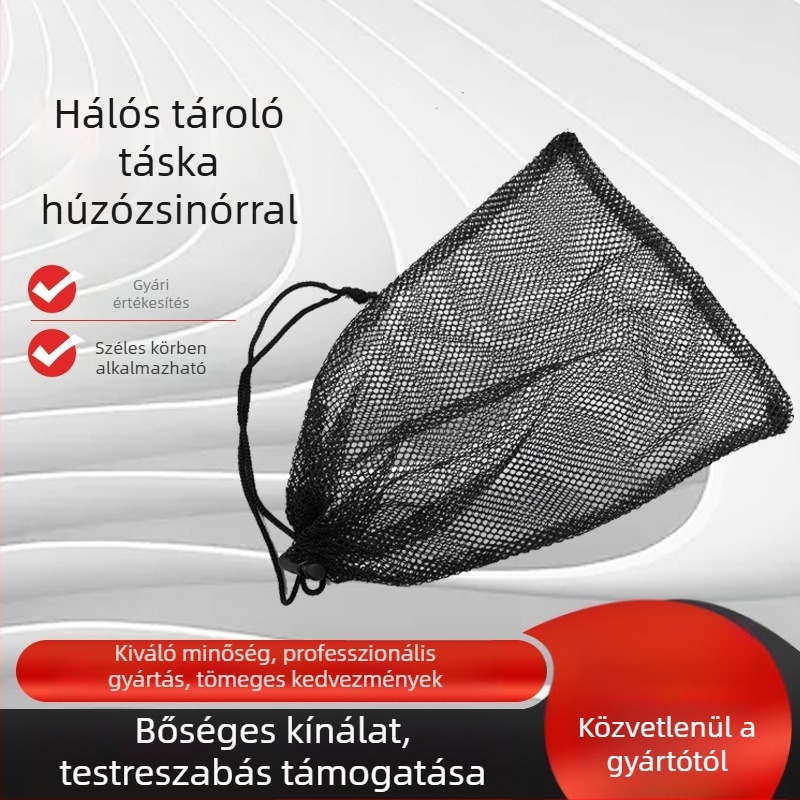 Fekete hálós tárolótáska húzózsinórral és csattal, játékok rendező