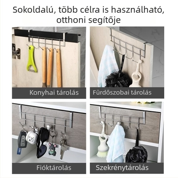 Rozsdamentes acélból készült ajtó mögötti 5 kampóval rendelkező tároló a konyhában, fúrás nélkül