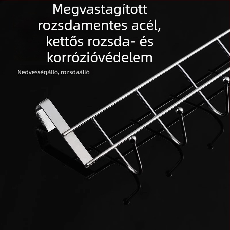 Rozsdamentes acélból készült ajtó mögötti 5 kampóval rendelkező tároló a konyhában, fúrás nélkül