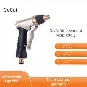 Réz fejű permetezőpisztoly gumiborítású ötvözetnyéllel - magasnyomású dűzni autómosáshoz és növények öntözéséhez, állítható permetezési módok