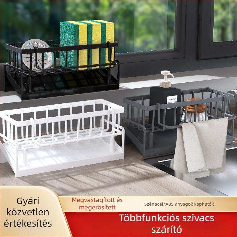 Konyhai polc mosogató fölött, leeresztő kosár, többfunkciós szivacs- és mosószer-tároló
