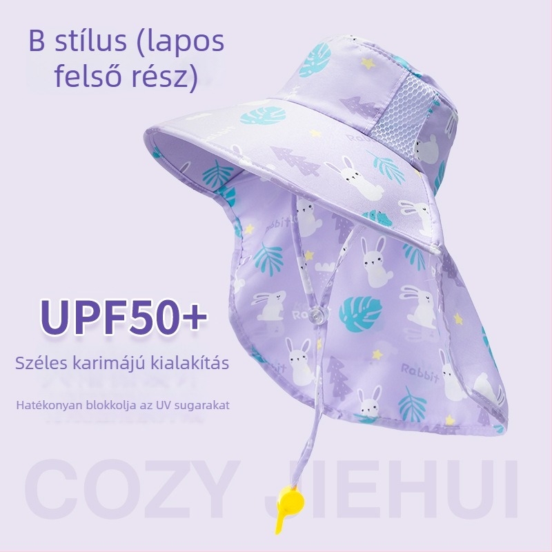 Gyerekeknek készült napvédő sapka nagy karimával, UV védelem, lélegző, halászsapka stílusú, nyár
