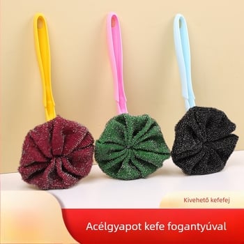 Rövid nyelű edény- és fazekaskefe, levehető akasztóval és tisztító golyóval, rozsdamentes acél
