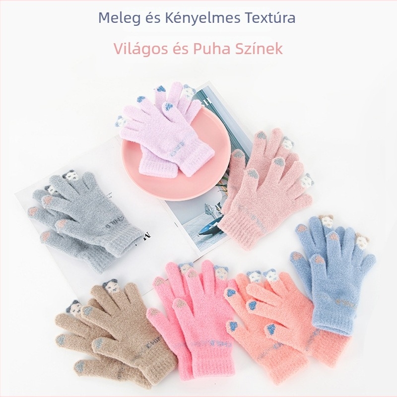Gyerekek téli kötött kesztyű fleece béléssel, meleg síkesztyű érintőképernyővel, imitációs nerc velúr