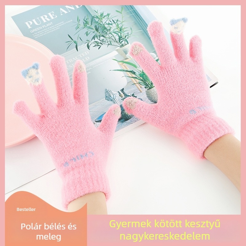 Gyerekek téli kötött kesztyű fleece béléssel, meleg síkesztyű érintőképernyővel, imitációs nerc velúr