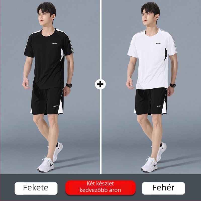 Férfi nyári sportos szett futáshoz és badmintonhoz – gyorsan száradó, légáteresztő, rövid ujjú, szabad szabású