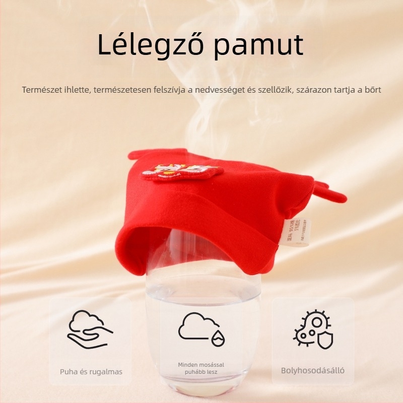 Újszülött baba sapka pamutból, piros, hímzett, 0–6 hónap, fiúknak és lányoknak, kupola alakú tetejű, minden évszakra