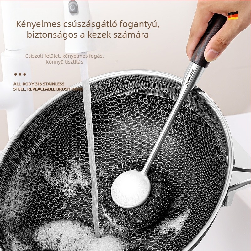 Hosszú nyelű rozsdamentes acél edénytisztító kefe – acélszálas golyóval