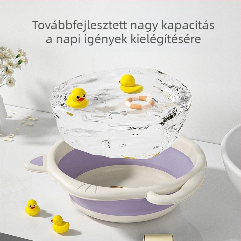 Összecsukható műanyag babamosdó tál, arcmosáshoz és higiénéhez, kompakt méret, 27 cm alatt, rajzfilmszerű dizájn