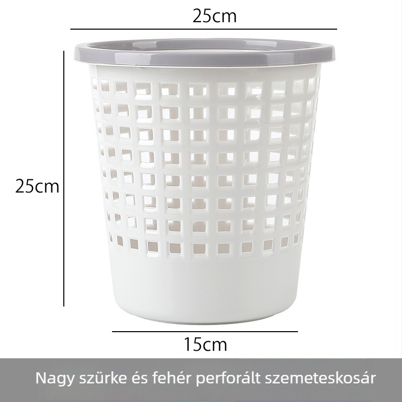 Műanyag kerek szemetes, könnyű, háztartási használatra, nappalira, irodába és fürdőszobába, kapacitás 4 L alatt.
