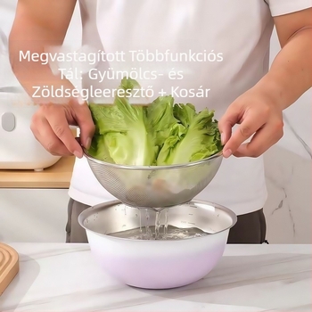 Gradient színű zöldségek mosására és leeresztésre szolgáló edény, élelmiszer-minőségű rozsdamentes acélból, multifunkcionális konyhai eszköz zöldségek, rizs és gyümölcsök mosásához