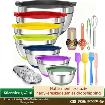 Rozsdamentes acél keverőtál színes szilikon aljjal és fedővel, tojásfelveréshez, sütéshez és tészta keveréséhez