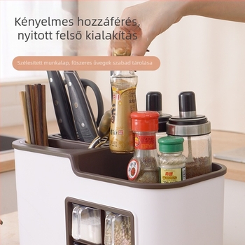 Integrált több rekeszes fűszertartó készlet, konyhai tárolópolccal és kés-tartóval