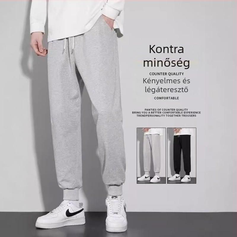 Férfi lazán szabott pamut kötött jogger nadrág, szürke, gumis bokarész