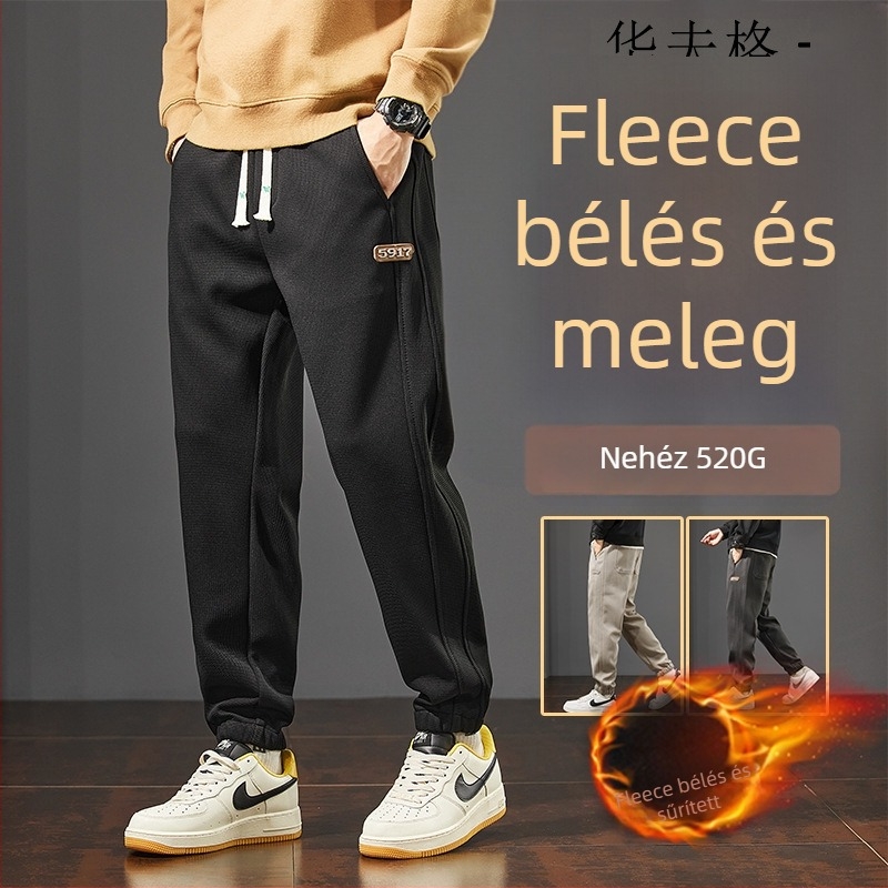 Férfi téli casual sportnadrág jogger-stílusban, laza szabás, fleece bélés, egyszínű, hosszú nadrág