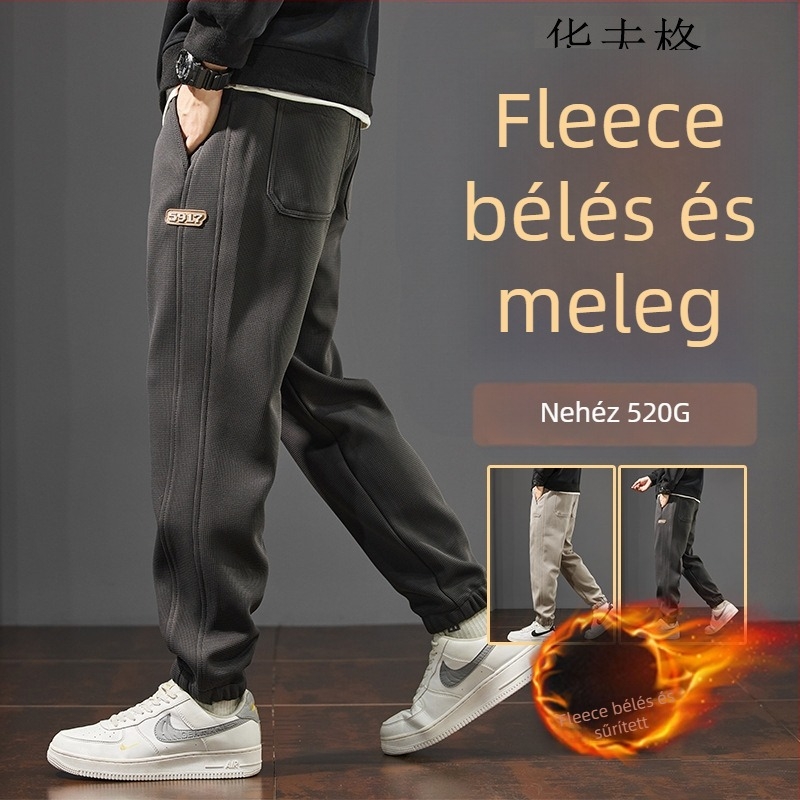 Férfi téli casual sportnadrág jogger-stílusban, laza szabás, fleece bélés, egyszínű, hosszú nadrág