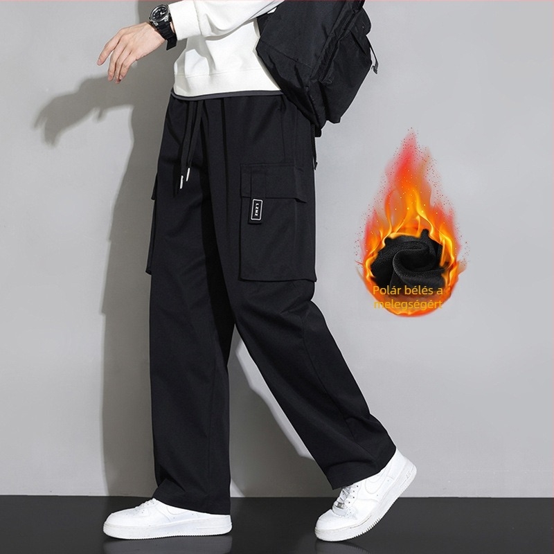 Fleece-belelt meleg, egyenes szabású munkás nadrág férfiaknak, casual