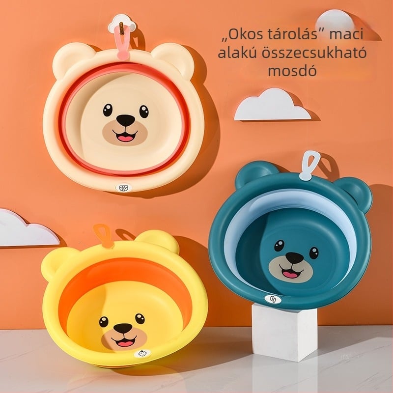 Összecsukható gyerekeknek karikatúra mintás arcmosó tál felakasztható pánttal, 32 cm, műanyag