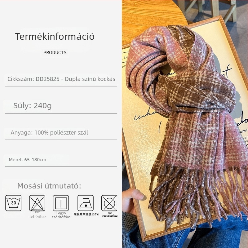 Koreai stílusú retro kétszínű kockás sál férfiaknak, téli hosszú, vastag és meleg, páros sálként használható