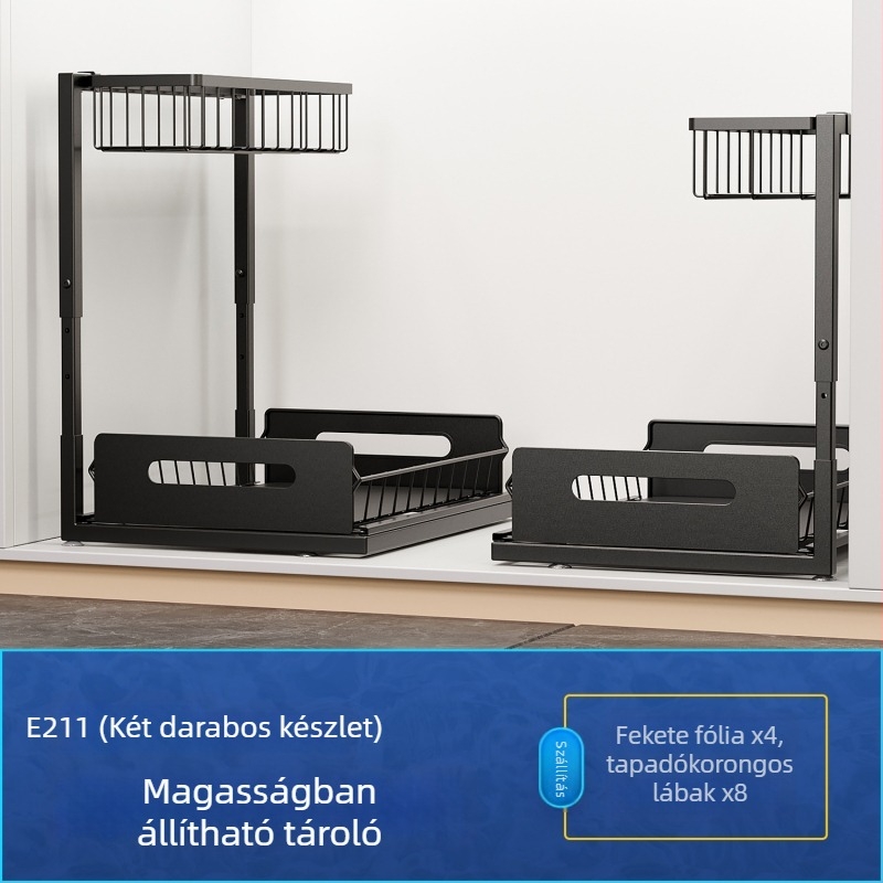 Karbonszálból készült kihúzható mosogató alatti tároló, modern konyhai szervező L-formájú