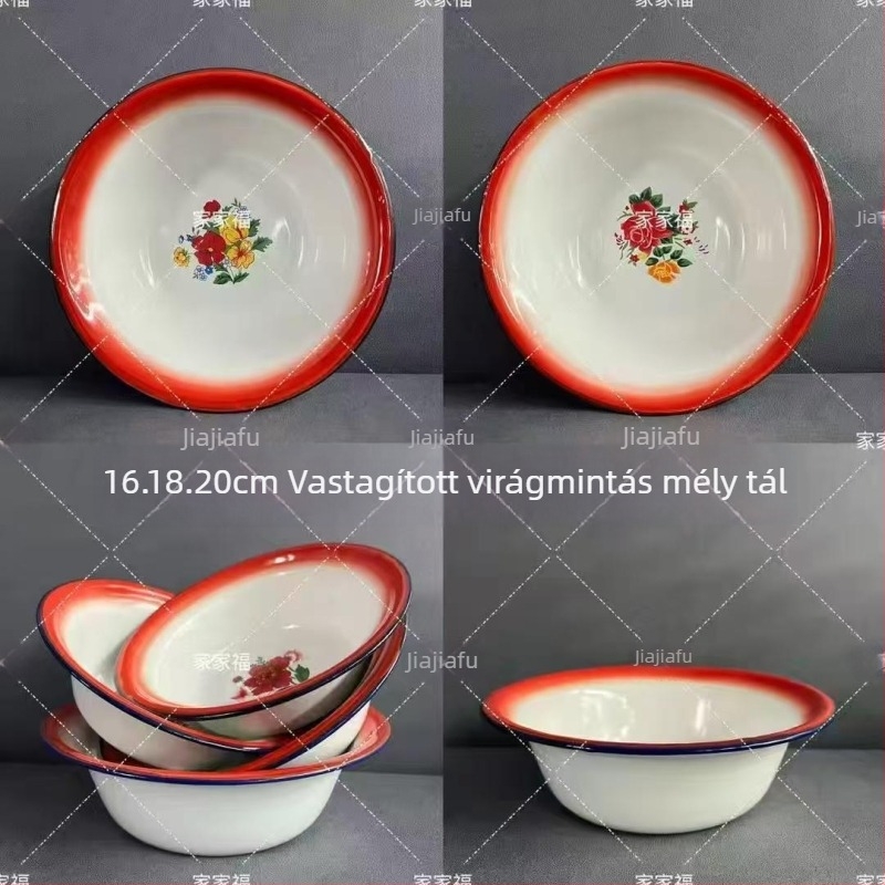 Flórás mintázatú zománcozott porcelán négyszögletes mély tál, vastított, tekert szélű, 16–17 cm, mikrohullámú sütőben használható.