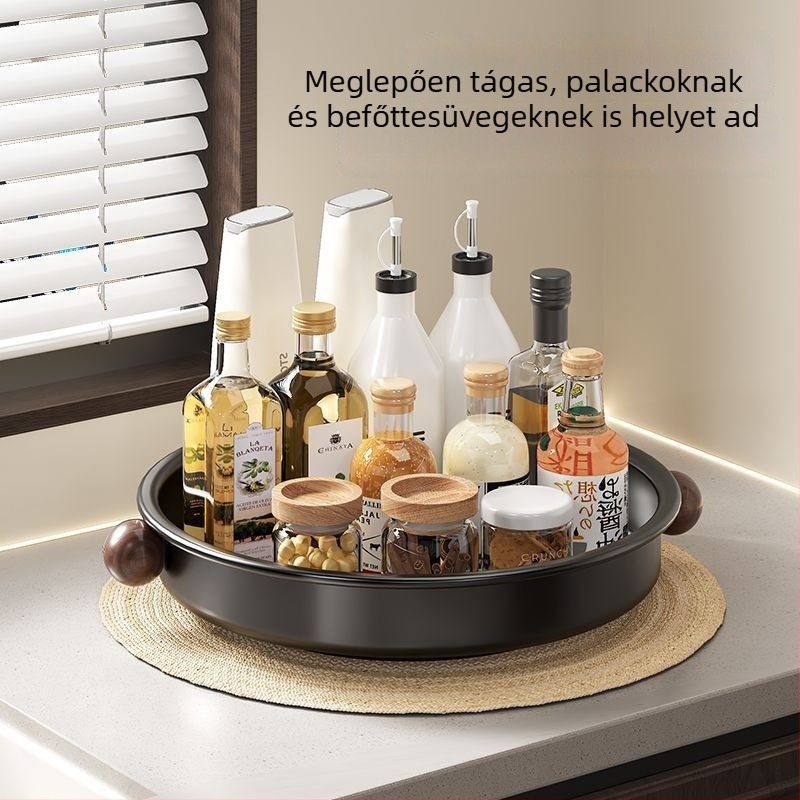 Többfunkciós konyhai tároló állvány a pulton elhelyezhető fűszertartóval, nagy kapacitású forgó tárolóegység, korrózióálló, emelt kialakítás a rendezett tárolásért.