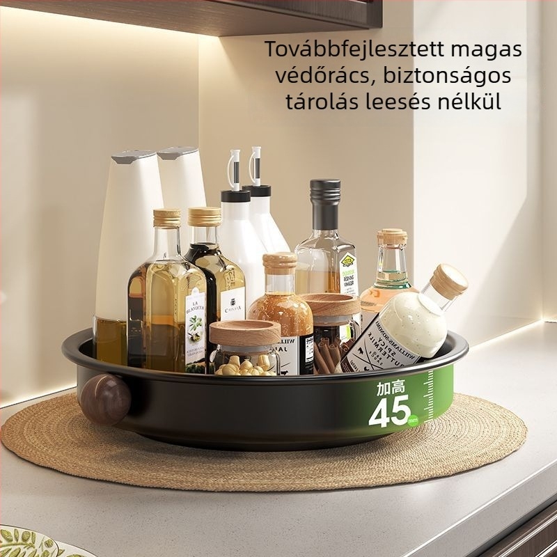 Többfunkciós konyhai tároló állvány a pulton elhelyezhető fűszertartóval, nagy kapacitású forgó tárolóegység, korrózióálló, emelt kialakítás a rendezett tárolásért.