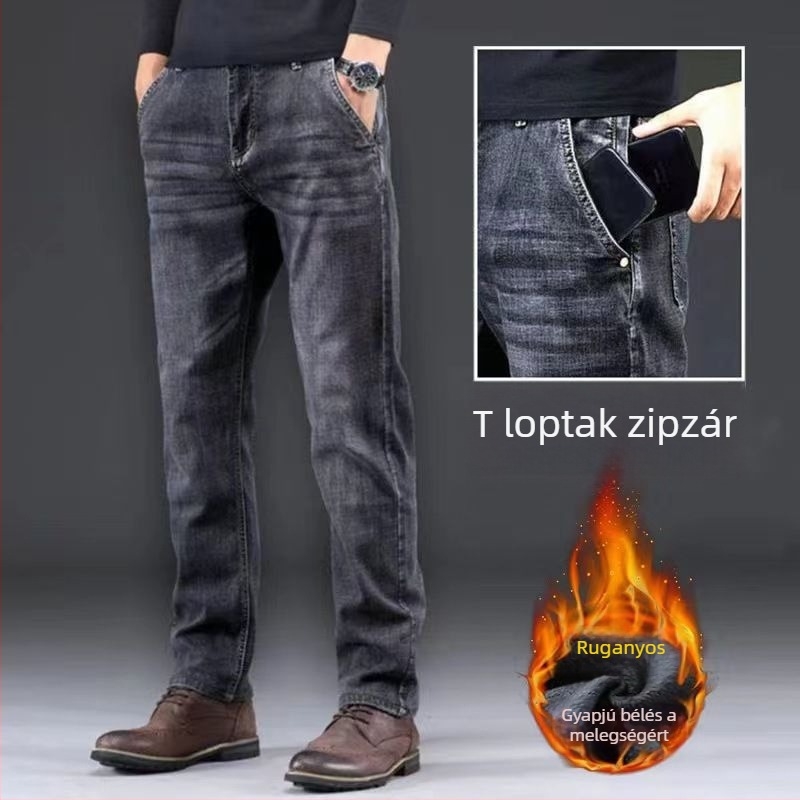 Férfi denim nadrág fleece béléssel, egyenes szárú, lazán szabott, rugalmas anyagú