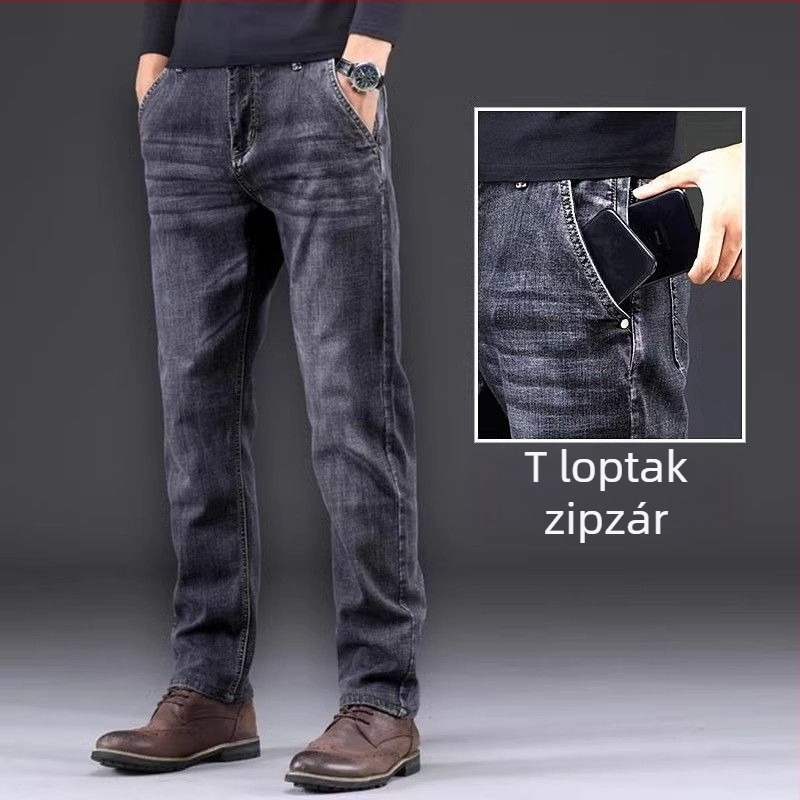Férfi denim nadrág fleece béléssel, egyenes szárú, lazán szabott, rugalmas anyagú