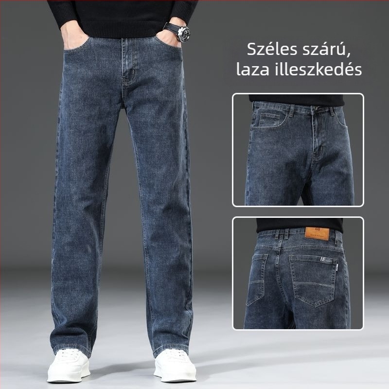 Férfi denim nadrág fleece béléssel, egyenes szárú, lazán szabott, rugalmas anyagú
