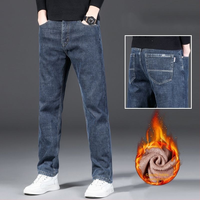 Férfi denim nadrág fleece béléssel, egyenes szárú, lazán szabott, rugalmas anyagú