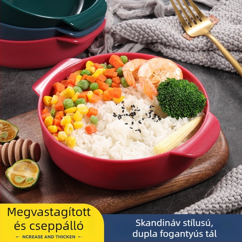 Nordic stílusú, kétfülű kerek PP tál, vastag, kerámiát imitáló, több színű, leveshez és gyümölcsökhöz