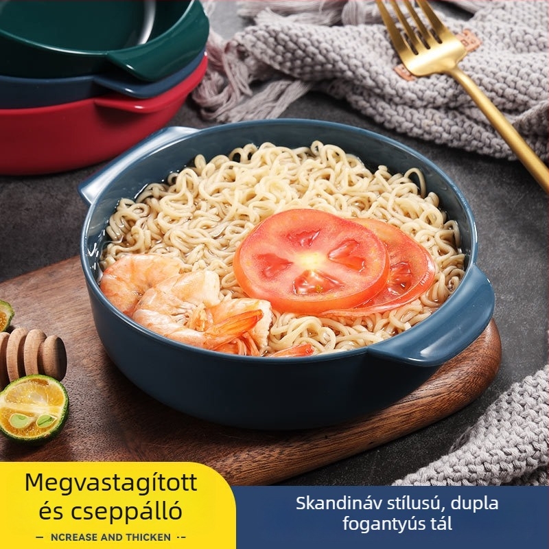 Nordic stílusú, kétfülű kerek PP tál, vastag, kerámiát imitáló, több színű, leveshez és gyümölcsökhöz