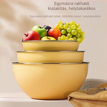 Színes rozsdamentes acél dagasztó- és keverőtál, élelmiszer-minőségű, tapadásmentes, ideális a tészta dagasztásához, tojás felveréséhez és sütéshez