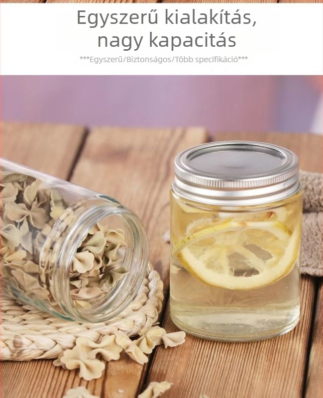 Üvegből készült üvegek lekvárhoz és mézhez, széles nyakú, légmentesen záródó tárolóedények