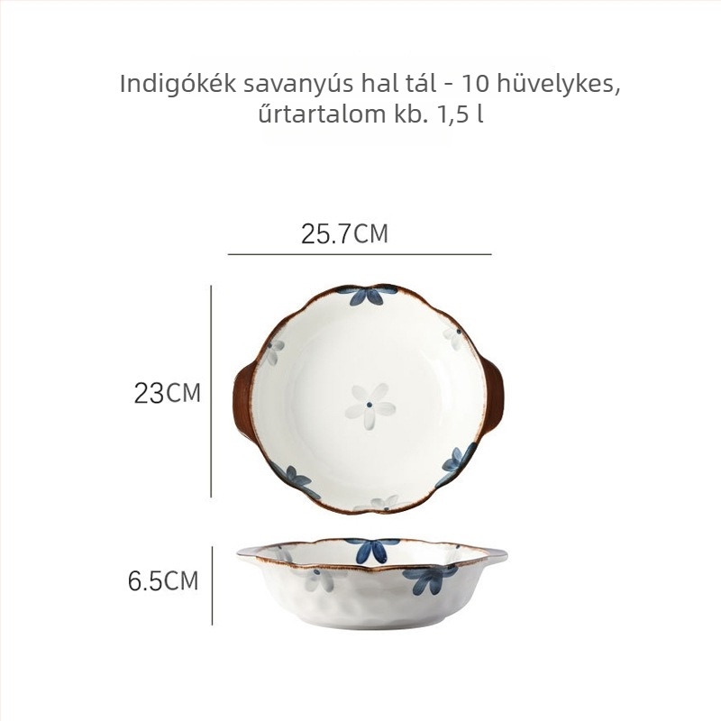 Kerámia nagy méretű tál halakhoz savanyúkáposztával, kör alakú tál dupla fogantyúval, retro stílus, átmérő 11–11,9 cm