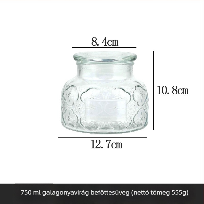 Átlátszó üveg tárolóedény, 750 ml, faragott mintával és légmentesen záródó fedővel, gabonák és szárított mandarinhéj tárolására.