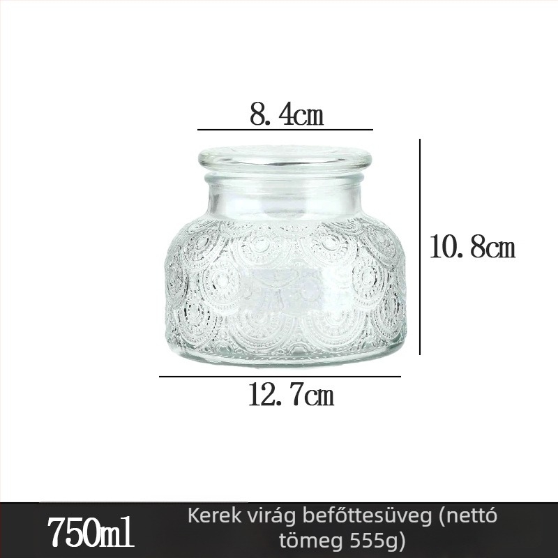 Átlátszó üveg tárolóedény, 750 ml, faragott mintával és légmentesen záródó fedővel, gabonák és szárított mandarinhéj tárolására.