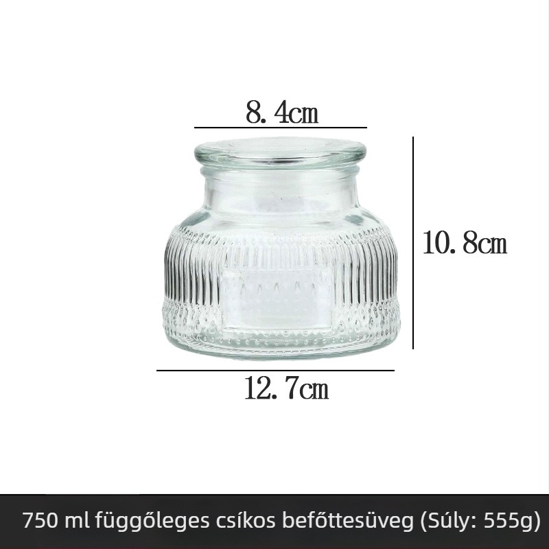Átlátszó üveg tárolóedény, 750 ml, faragott mintával és légmentesen záródó fedővel, gabonák és szárított mandarinhéj tárolására.