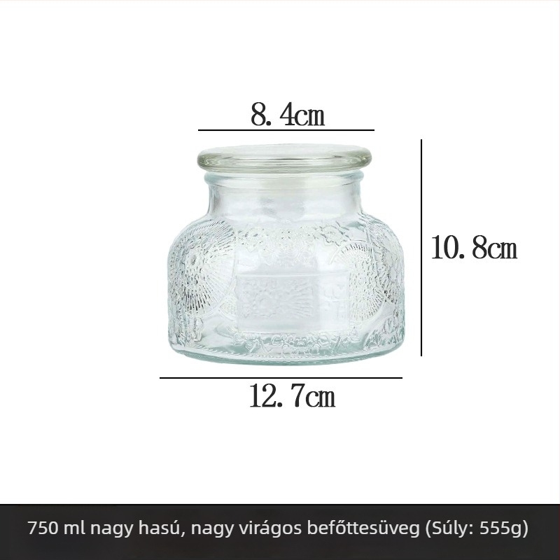 Átlátszó üveg tárolóedény, 750 ml, faragott mintával és légmentesen záródó fedővel, gabonák és szárított mandarinhéj tárolására.