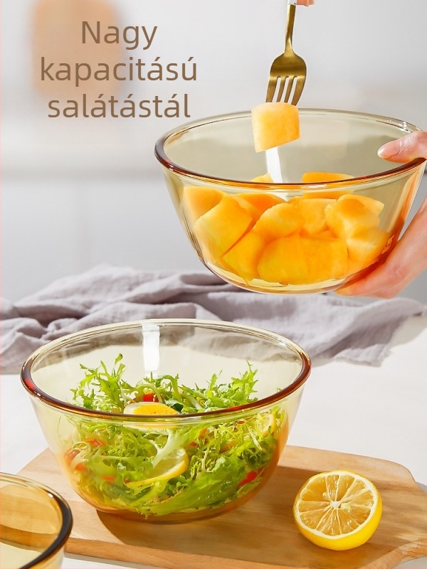 Hőálló boroszilikát üvegből készült tál, nagy méretű; ideális gyümölcssaláta, noodles, sütés, tojásfelverés, dagasztás és levesek.