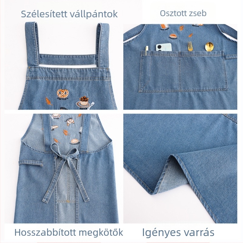 Dénim kötény ujj nélküli, otthoni konyhához — retro stílusú uniszex munkaruha sütéshez és teaházakhoz