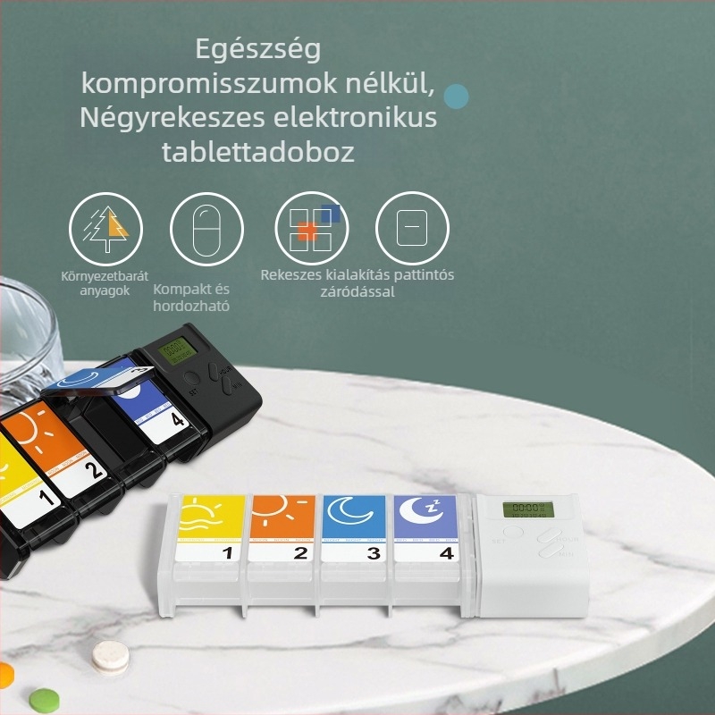 Új, négy rekeszű műanyag gyógyszeres doboz UV-nyomtatással, hordozható napi adagoló, mini utazási gyógyszeres doboz