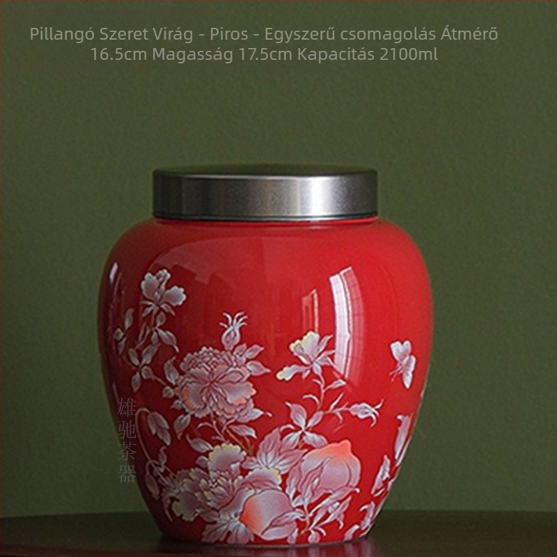 Xiongchi kerámiás teásdoboza alumínium fedéllel, zárható, elegáns ajándékdoboza, pillangó- és virágtmotívummal, Pu’er fekete tea, 2,1 L