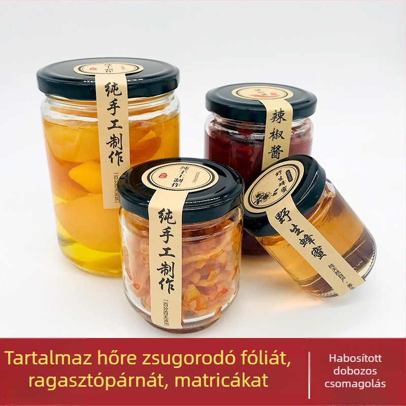 Kerek üvegedény fedéllel mézhez, lekvárhoz, savanyúsághoz és chili szószhoz