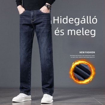 Férfi farmernadrág fleece belsővel, lazán szabott, egyenes szár, meleg téli viselet, plusz méret