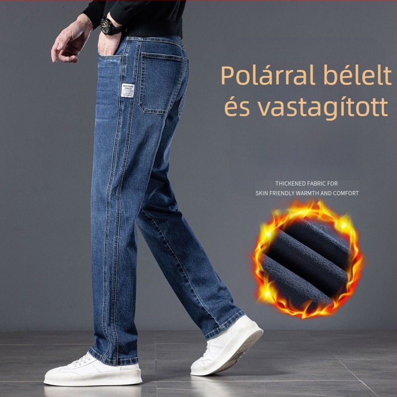 Férfi farmernadrág fleece belsővel, lazán szabott, egyenes szár, meleg téli viselet, plusz méret