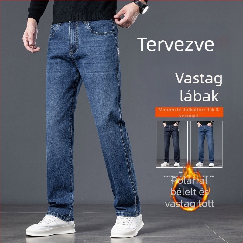 Férfi farmernadrág fleece belsővel, lazán szabott, egyenes szár, meleg téli viselet, plusz méret